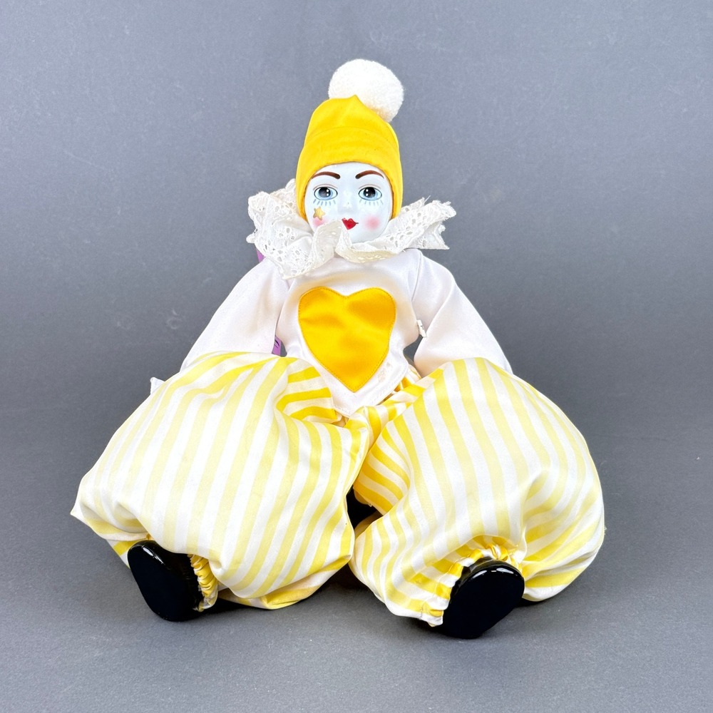 Vintage Porcelain Clown Doll 15" Yellow Harlequin Jester